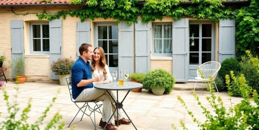 A couple enjoys wine at a cozy outdoor table in front of a charming building, suggesting a romantic holiday cottage Hérault escape